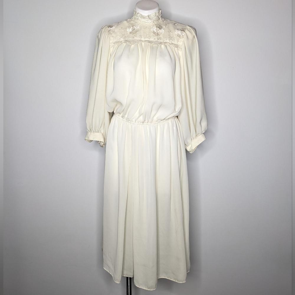 Vintage Donna Morgan Off White Lace Elastic Waist Midi Dress XS/S